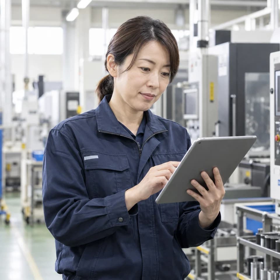 工場でタブレットを確認する現場社員